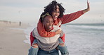 Lesbian, piggyback or couple at beach on vacation, holiday or break in nature at sea in Miami, USA. Laughing, games or excited women at an ocean with diversity, smile or love to relax, play or travel