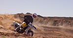 Bike, sand and sports with man off road for action, competition or performance on dirt track. Motorcycle, speed and summer with rider on race course for adventure, adrenaline or challenge at training