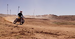 Motorcycle, outdoor and man riding on off road for competition or race motorcross training. Dirtbike, sports and male biker athlete practicing skill, stunt or talent with speed for challenge.