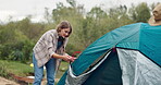 Nature, camping and tent with happy couple, people on campsite in outdoors for survival and adventure with shelter. Safety, fabric body with doors for trekking, Russian and woods with tourists