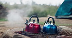 Camp, kettle and fire with smoke outdoor, steam or vapor with heat for boiling water or tea to drink. Adventure, travel and pot for warm beverage or cooking, campfire and vacation in nature park 