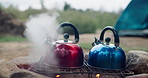 Camping, kettle and fire with smoke outdoor, steam or vapor with heat for boiling water or tea to drink. Adventure, travel and pot for warm beverage or cooking, campfire and vacation in nature park 