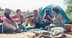 Friends, camping and guitar for singing in nature with music, relax and together on vacation in countryside. Men, women and people with song by tent for art, holiday or performance in bush at picnic