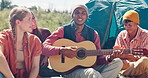 Friends, campsite and nature with guitar for singing with music, relax or outdoor on vacation in countryside. Men, women and people with song by tent for art, holiday or performance in bush at picnic
