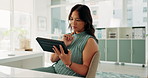 Asian woman, tablet and report for thinking in office, check email and app for planning agenda. Female employee, idea and networking for business deal, agency website and brainstorming for solution