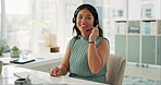 Call center, woman and customer service help with web consultant and advice in an office. Employee, telemarketing and crm work with professional and consulting agency with headset and communication