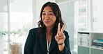 Happy, woman and office with peace sign and face, hands and smile in professional workplace and playful. Asian, design and creative with agency portrait or laugh, employee and funny for comic