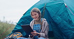 Camping, tablet and woman in tent in nature on adventure, holiday and outdoor vacation. Morning, happy and person on campsite on digital tech for communication, online post or travel update in Sweden