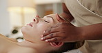 Spa, hands and woman with facial massage for relax, skincare or beauty with dermatology routine. Health, calm and masseuse with female person for face treatment at luxury holiday or vacation resort.