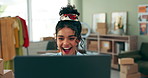 Woman, designer and excited by laptop for news, deal or profit with supply chain, logistics and stock at warehouse. Girl, employee and computer for fashion, clothes and happy for growth at startup