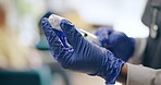 Hands, gloves and doctor with vaccine for health, medicine in bottle and syringe, injection and safe from virus or disease. Closeup of medical staff, person with needle for drugs and healthcare