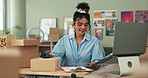 Woman, packaging and cellphone for distribution of boxes of labels for shipping, logistics or supply chain. Female person, small business and checklist for customer delivery, workshop or ecommerce