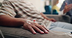 Nurse, IV needle and hands at a hospital with vaccine and healthcare infusion with virus. Medicine, clinic and medical support with patient and doctor helping with blood sample for health treatment