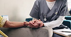 Hospital, holding hands and nurse with woman for empathy, support and care for bad news. Healthcare, clinic and health worker with patient after diagnosis, medical results and disease for comfort