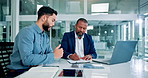 Documents, men or business people in meeting for report, agenda discussion or writing in portfolio. Project, teamwork and workers planning in office talking, conversation or speaking of paperwork