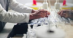 Pharmacist, medicine and inventory with hands and bags for hospital and stock check at clinic. Dispensary, pharmacy and healthcare worker with supplements, drugs and prescription search for wellness
