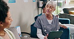 Senior woman, nurse and consulting patient with tablet for prescription, diagnosis or results at hospital. Female person and scrub talking to client on technology for appointment or checkup at clinic