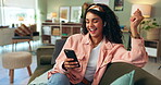 Woman, home and sofa on smartphone with music on earphones, playlist and happy for entertainment. Female person, lounge and couch on internet for streaming service or social media and online video