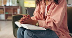 Woman, hands and sofa with bible on thinking for religious or spiritual practice, knowledge and study. Female person, Christian and couch with reading scripture for healing, hope and faith at home