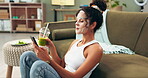 Facial, mask and girl with phone, home and detox with juice or smoothie, self love and care to relax. Skincare, cosmetics and beauty for Gen z, woman and mobile on couch, online and internet on app