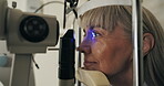 Mature woman, slit lamp or ophthalmology as eye test, medical service or optometry technology. Eyeball, led light or patient in glaucoma, assessment or healthcare lens to diagnose, cornea or myopia