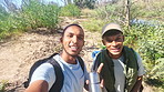 Hiking, vlog and selfie of men in nature walking for adventure, explore and live streaming journey. Fitness, hike and portrait of people for content creation, health influencer and travel broadcast