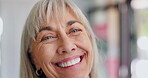 Woman, face and smile with happiness, satisfaction and vision result at optometrist clinic. Portrait, health and eye care and optical exam results with confidence, trust and support for patient
