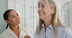 Woman, vision and glasses store or choose frame for optical prescription for eye care services, shopping or decision. Female person, customer and choice of lenses or buying deals, discount or consult