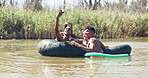 Video, lake and friends with live streaming, excited and online content creation in nature. Fun, digital and young people with river swimming in Mexico with phone and spring break of students
