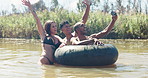 Video, river and friends with live streaming, excited and online content creation in lake water. Fun, happy and young people with swimming in Mexico with phone and spring break of students with smile
