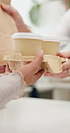 Cafe, giving and hands with drink and food for customer for order, takeaway and breakfast meal. Restaurant, coffee shop and waitress or barista with beverage, product and lunch for store service