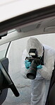 Person, forensic and photographer or crime scene evidence in car investigation, accident or pictures. Protective suit, camera and observation in transportation vehicle for examination, gloves or dna