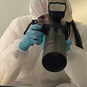 Person, home and forensic photographer for evidence at crime of ...