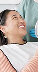 Woman, dentist and happy patient or mirror, orthodontist and oral care in clinic with professional. Appointment, consultation and teeth whitening inspection, healthy mouth and dental hygiene check