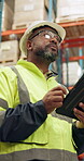 Black man, tablet and manager in warehouse with inventory for supply chain, quality control or online stock check. Manufacturing, logistics or mature inspector with digital checklist for distribution