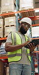 African man, tablet and logistics in warehouse with inventory for supply chain, quality control or happy with online stock. Manufacturing, worker or inspection with digital checklist for distribution