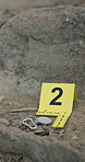 Number, floor and evidence on crime scene for investigation, accident and clue for problem solving homicide. Forensics, key tag and marker for labeling proof for analysis, research and detective work