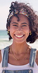 Girl, beach and smile for holiday, portrait and happiness for travel, vacation and nature of water. Sea, morning and outdoor for adventure, peace and person in Hawaii, getaway and tropical in island