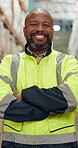 Black man, portrait and confidence in warehouse for management, inspection and maintenance. Supervisor, vertical and factory for compliance, logistics or inventory with equality or affirmative action