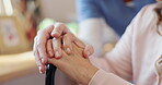 Senior, woman and nurse with holding hands for support with rehab, health and compassion in retirement. Elderly, patient and medical volunteer with kindness, sympathy and trust with homecare closeup