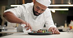 Chef, food and man plating in kitchen cleaning edge for gourmet meal at luxury diner. Hospitality, catering and male culinary worker wipe plate for neat dinner presentation at fine dining restaurant.