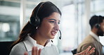 Call center, stress and woman confused in office consulting for contact us with glitch, 404 or poor connection. Telemarketing, anxiety or consultant frustrated by faq workload or troubleshooting fail