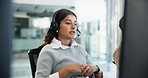 Consulting, sales and phone call for woman in callcenter with computer, advice or customer service. Headset, telemarketing and virtual assistant at help desk in support, lead generation or crm office