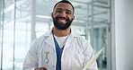 Happy, documents and face of doctor in hospital for medical career, service and consulting in clinic. Professional, healthcare and portrait of man with confidence for wellness, diagnosis and care