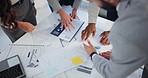 Meeting, paperwork and hands of business people at table for planning, strategy or brainstorming workshop. Budget, tax data and teamwork in office for growth, development or risk management research.