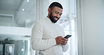 Smartphone, happy and businessman in office typing email, message or research online for law case. Smile, communication and male corporate attorney reading legal policy review on phone in workplace.
