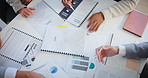 Workshop, paperwork and hands of business people in office for planning, strategy or performance meeting. Budget, tax data and teamwork at table for growth, development or risk management research.