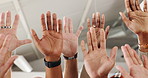 Business people, group and hands raised for question in closeup with training, development and workshop. Team work, men and women with sign for feedback, review or audience with vote in modern office