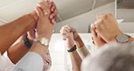 Business people, holding hands and group with prayer in modern office with support, trust and link. Employees, faith and spiritual with synergy, connection and team building with care at workplace