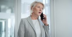 Phone call, talking and business woman in office for communication with corporate legal deal. Networking, professional and female lawyer on mobile discussion with cellphone for contact in workplace.